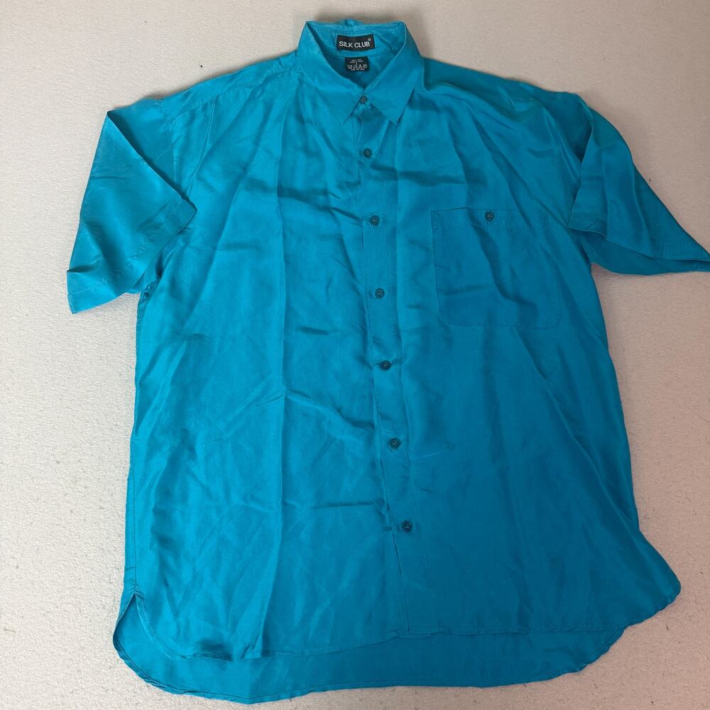 Silk Club Men’s Large Turquoise 100% Silk Short Sleeve Button Up Shirt